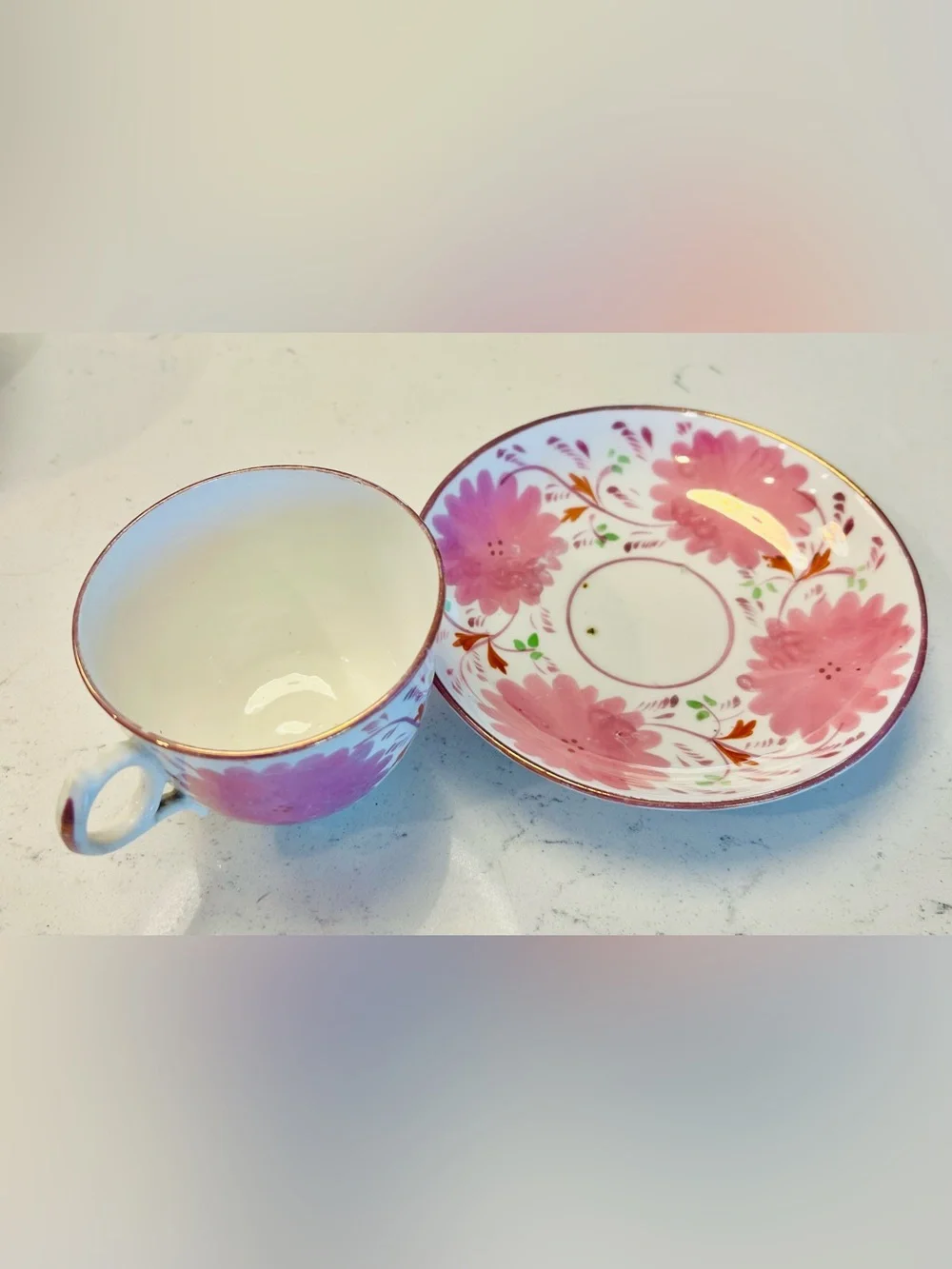 Antique Allerton Staffordshire Pink Lustre Dahlia Cup & Saucer Gaudy Welsh